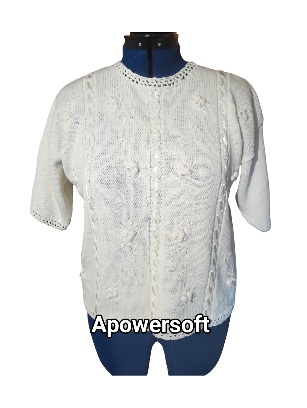 Ship'n Shore Vintage Embellished Knit Sweater L Short Sleeve Floral Pearl Detail